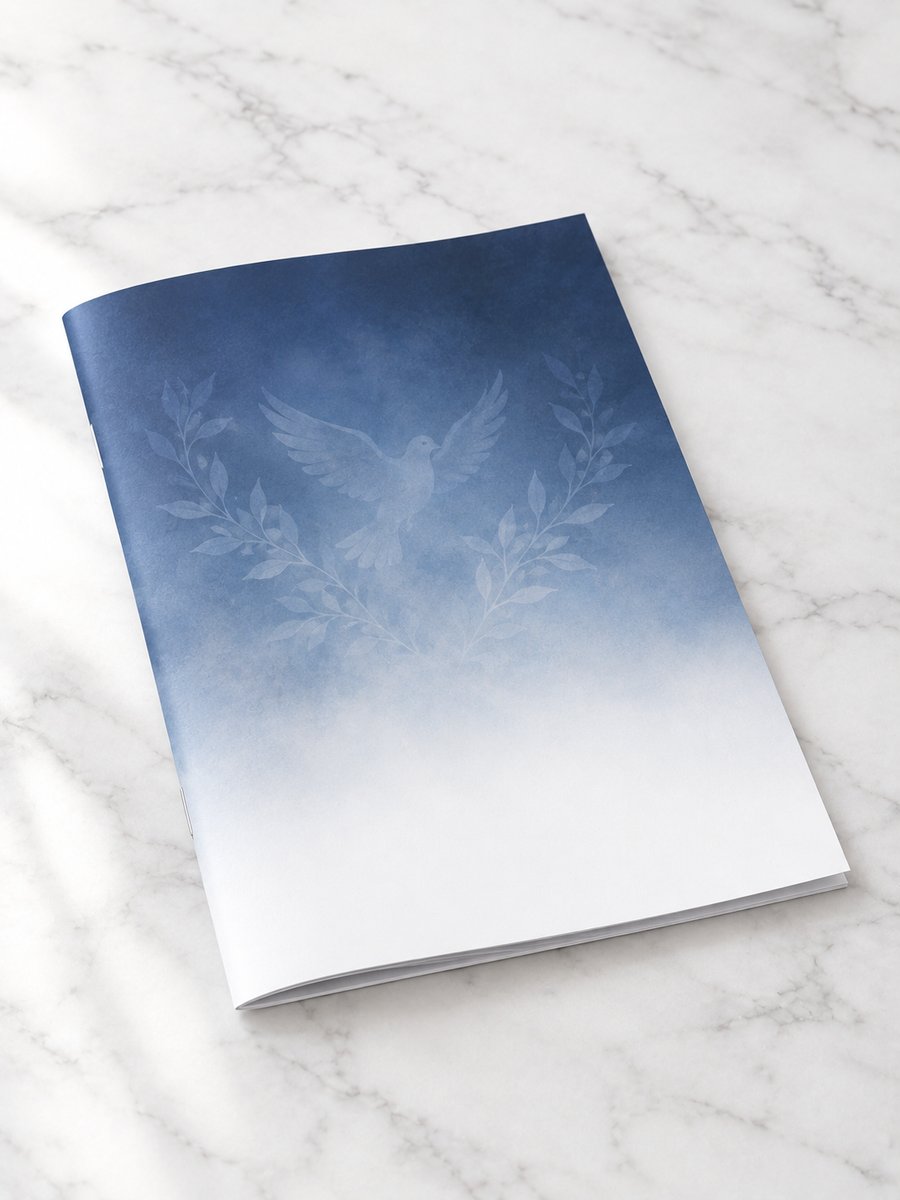 Saddle-stitched memorial booklet with a blue gradient cover and dove design on marble