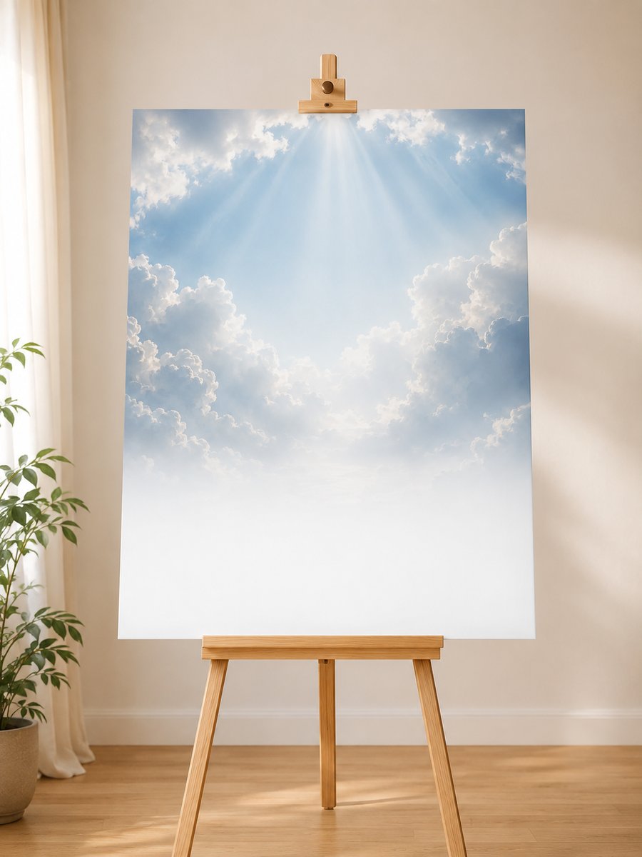 Foam board memorial display with a clouds and sunbeams design on a wooden easel