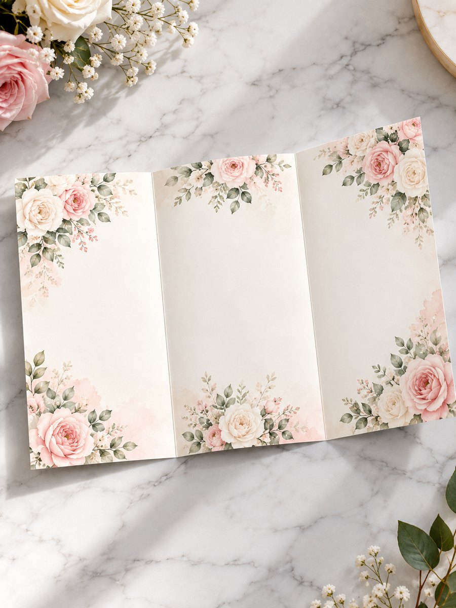 Open trifold funeral program with a pink rose floral border on a marble surface